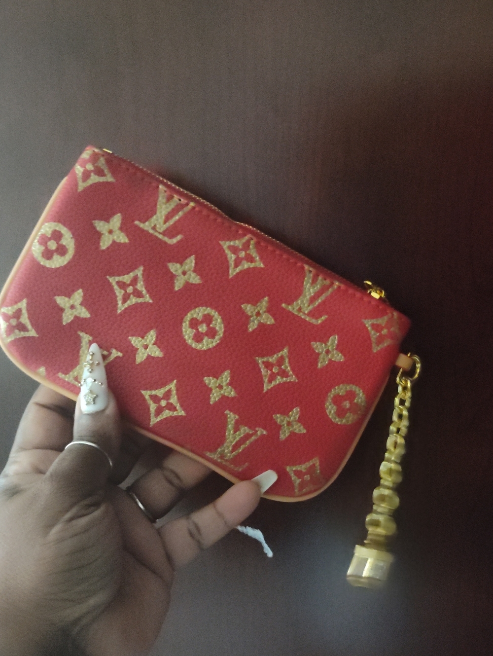 Source Unknown Red & Gold Monogram Wristlet